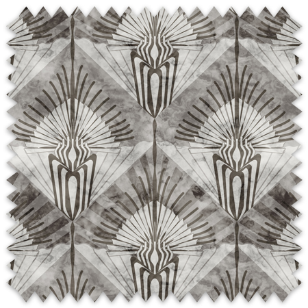 The artwork features a repeating geometric pattern with stylized, abstract plant or feather-like forms arranged in diamond shapes. The design uses warm hues of pewter and gray, giving it an earthy, vintage look. Each section within the diamond shapes includes symmetrical lines radiating outward, resembling sunbursts or fans, combined with curved, angular elements creating a sense of rhythm and movement. The overall composition conveys a harmonious blend of natural motifs and geometric precision.